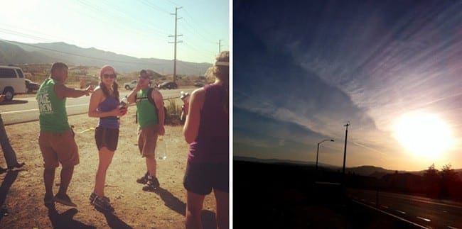 A collage of woman in the desert at a race starting line and the sun in the desert