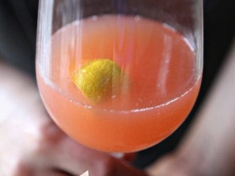 A woman holds a wine glass of a pink liquid with a lemon peel in it