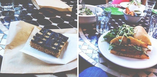 A collage of a dark chocolate bar and a vegan eggplant parmesan sandwich with greens