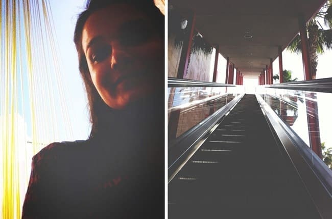 A collage of a woman in front of a yellow sculpture and an escalator