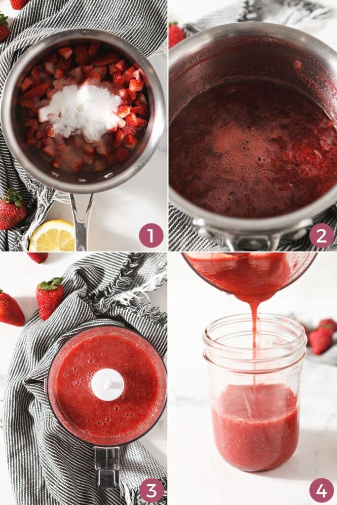 A collage of four images showing how to make strawberry syrup