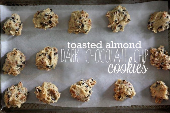 Toasted Almond Dark Chocolate Chip Cookie dough on parchment