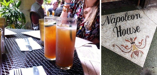 A collage two Pimm's Cups on an outside table and the tile outside of the Napoleon House