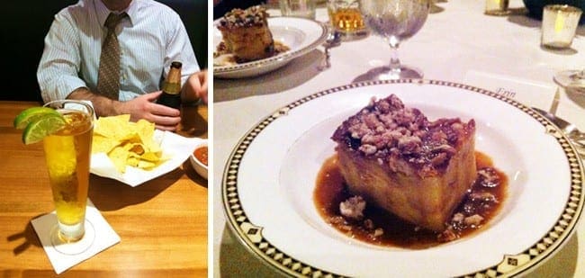 A collage of a beer and a man inside a restaurant and a slice of bread pudding in a white bowl