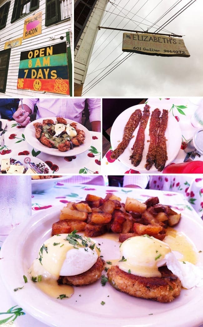 A collage of five images showing the brunch at Elizabeth's in New Orleans