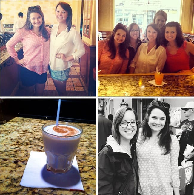 A collage of two women smiling, five women at a bar, a drink with cinnamon on top on a bar and two women in New Orleans