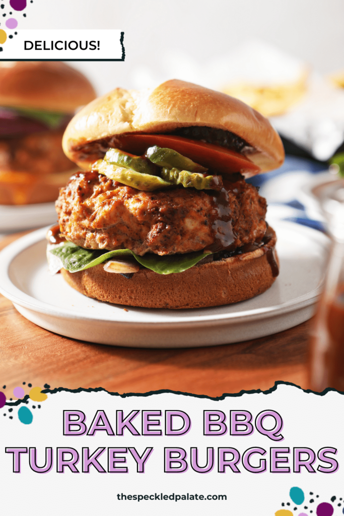 Close up of a baked BBQ Burger on a white plate with the text Baked BBQ Turkey Burgers