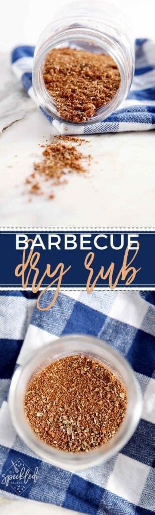 collage of two images showing homemade dry rub from two different angles on a marble surface with a buffalo check napkin with the text barbecue dry rub