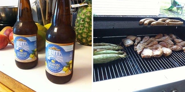 A collage bottles of Abita wheat beer and meat and corn on a grill