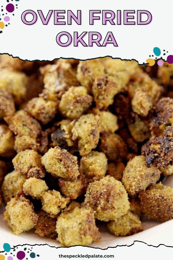 A woman dips a piece of Oven Fried Okra in a small glass bowl of ketchup with text saying, "Oven Fried Okra"