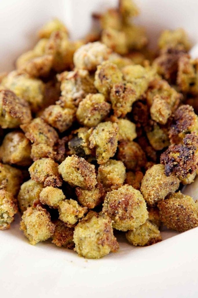 Close up of a bowl of Oven Fried Okra