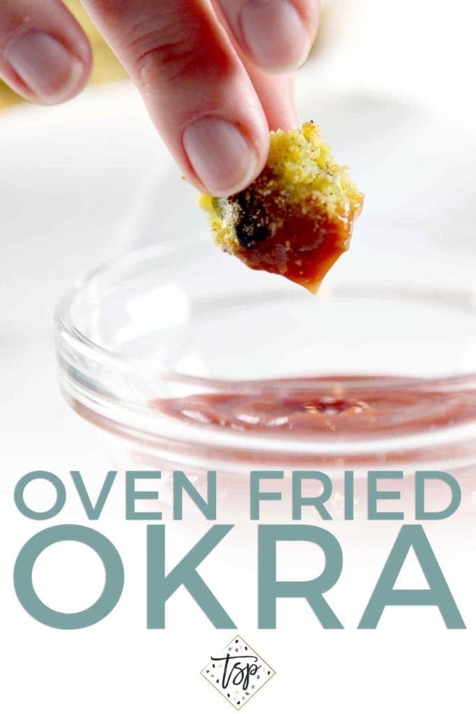 A woman dips a piece of Oven Fried Okra in a small glass bowl of ketchup with text saying, "Oven Fried Okra"