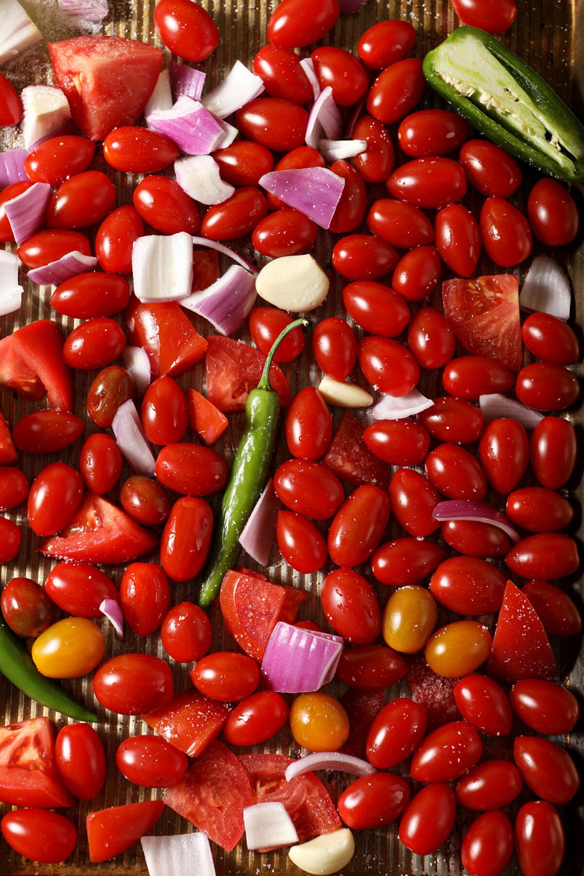 Close up of tomato salsa ingredients and veggies before roasting