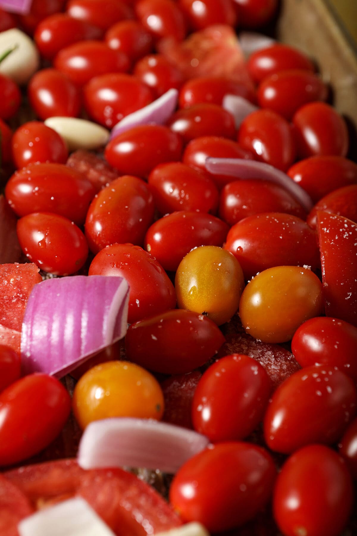 Close up of seasoned tomatoes, garlic, red onion and more on a sheet pan