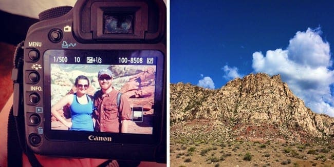 Collage of images of camera and view of large rock formation 