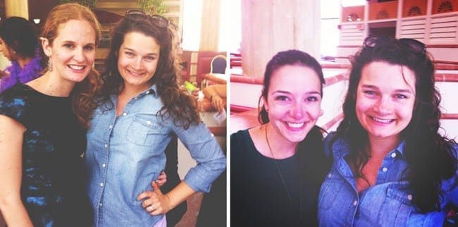 A collage of two images showing a redheaded woman and a brunette woman smiling and two brunette women smiling