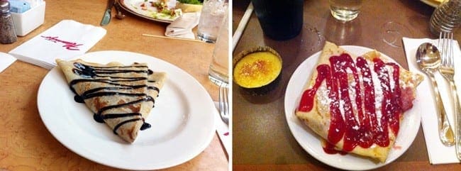 A collage of two images featuring a crepe with nutella and a crepe with raspberries, both on white plates