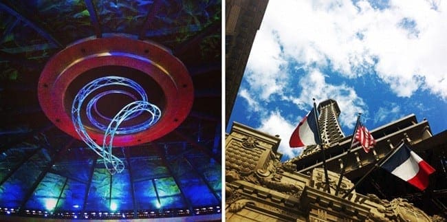 A collage of two images showing a lit-up abstract sculpture on a ceiling and looking up at the Paris Paris Eiffle Tower