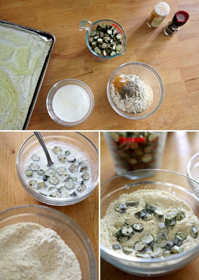 A collage of three images showing the ingredients for Oven Fried Okra, the okra in the buttermilk mixture, and the soaked okra in the coating mixture