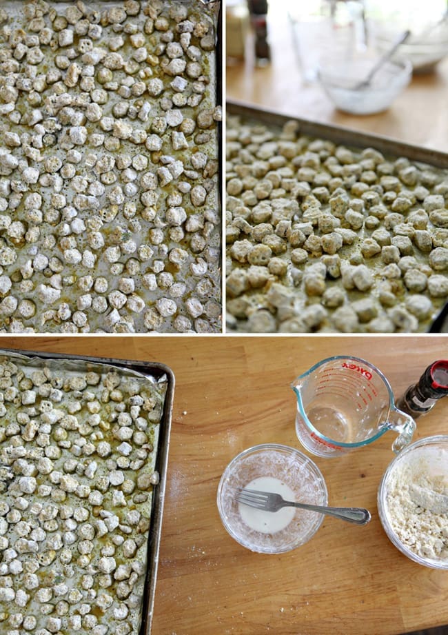 Collage of images of coated okra on baking sheet