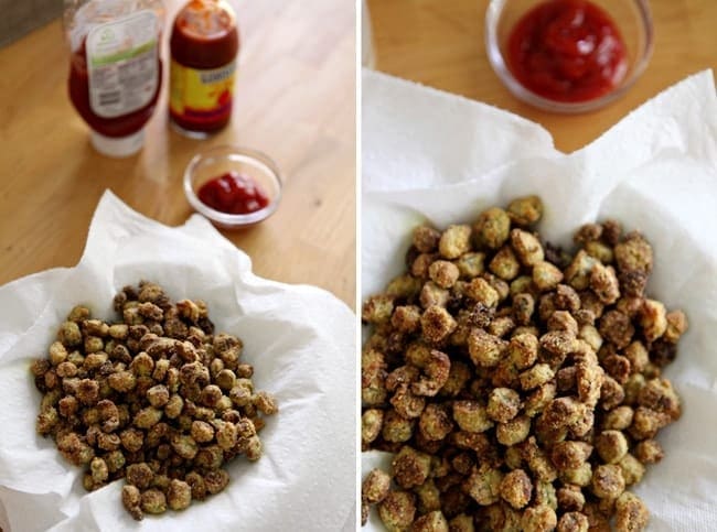 Bowl of oven fried okra with ketchup on the side 