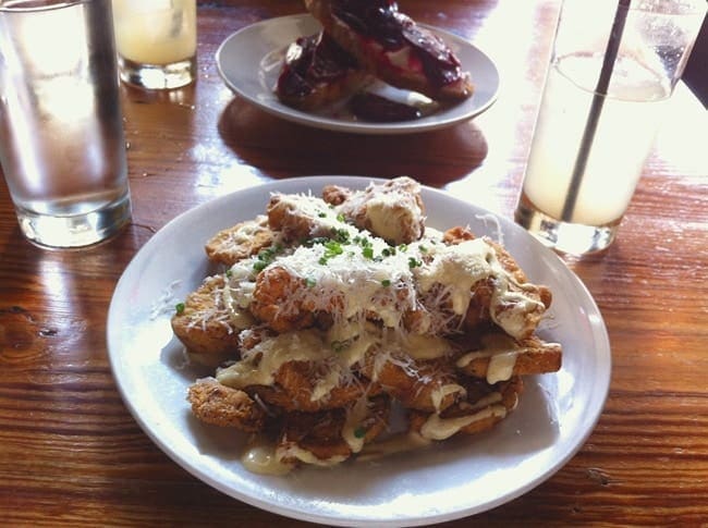 Fried Eggplant with lemon aioli and parmigiano reggiano on a white plate