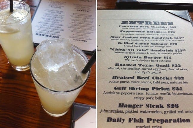 A collage of two images showing two Gin Mules on a wooden table and the entree portion of Sylvain's menu