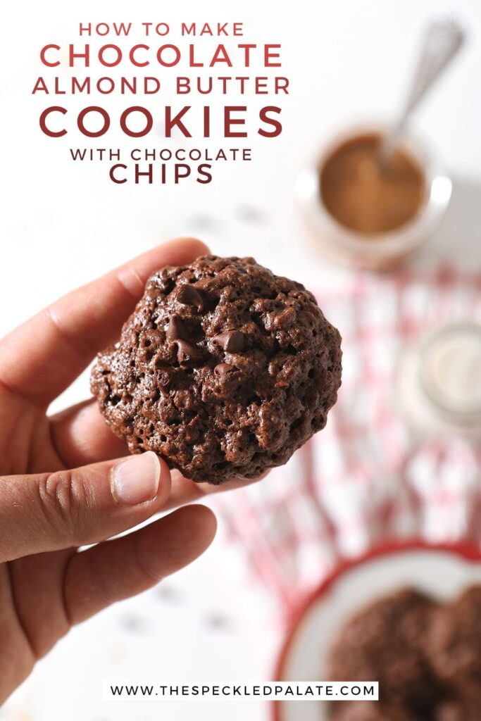 A woman holds a Chocolate Almond Butter Cookies with Chocolate Chips in her hand with the text 'how to make chocolate almond butter cookies with chocolate chips'