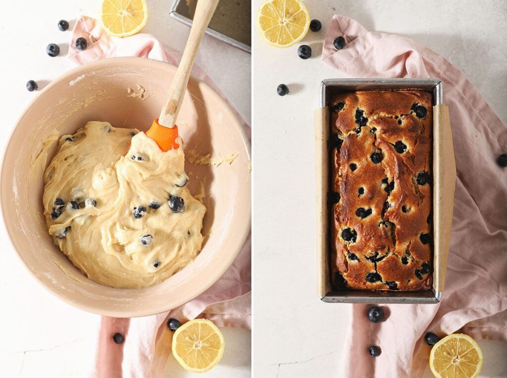 Collage showing bread batter before and after baking