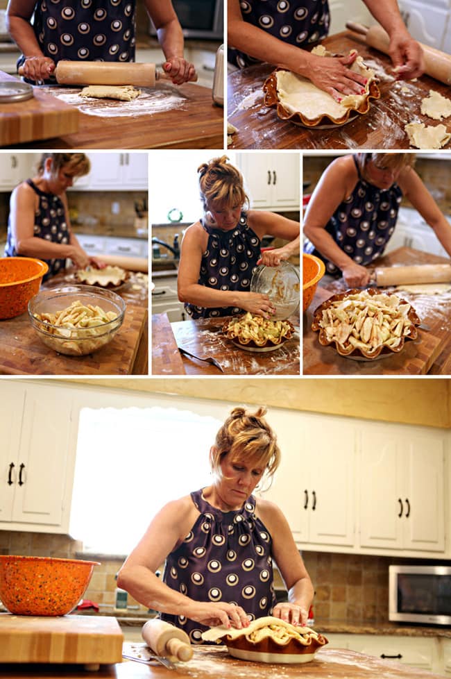 A collage of six images showing a woman working in a kitchen to roll out, prepare and fill a pie crust with apple slices