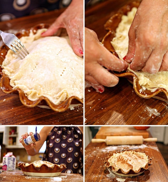 A collage of four images showing how to crimp, decorate and prepare a homemade pie