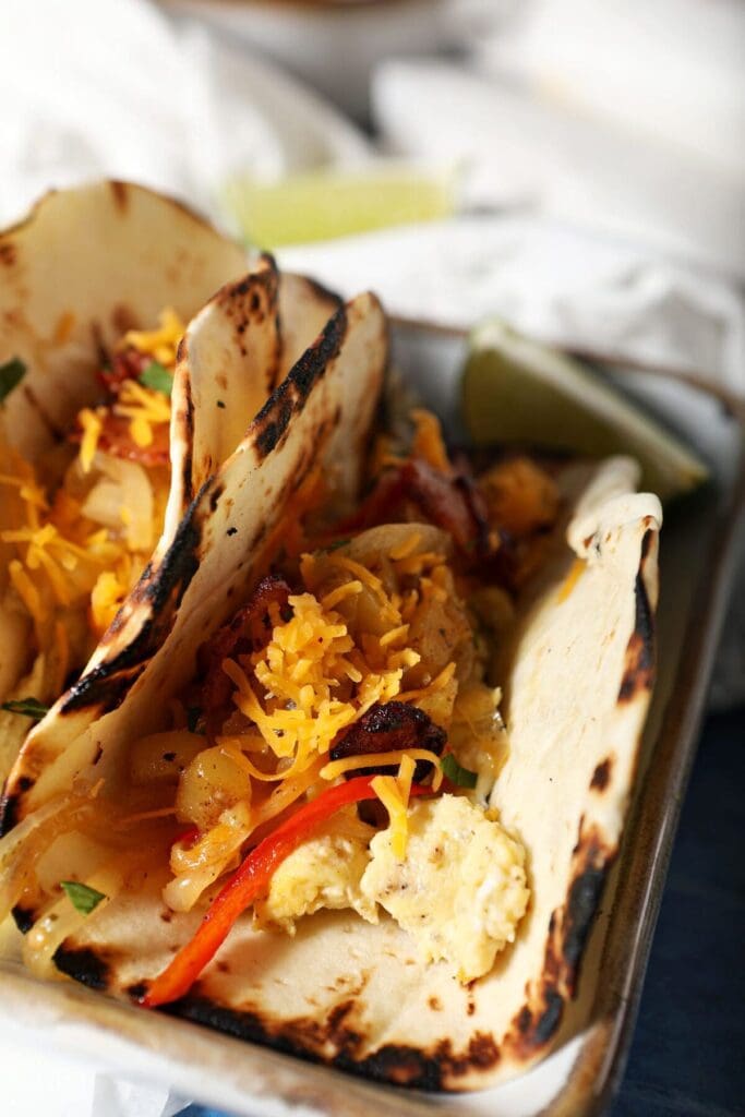 Close up of an egg taco on a plate