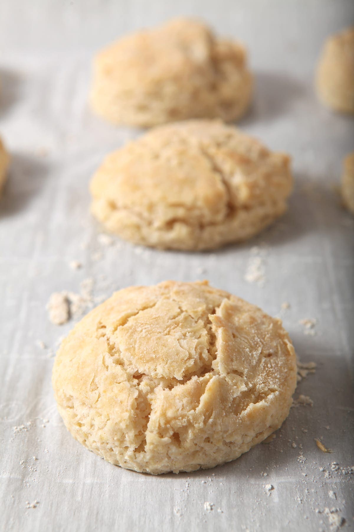 Vegan biscuits on a baking sheet after baking