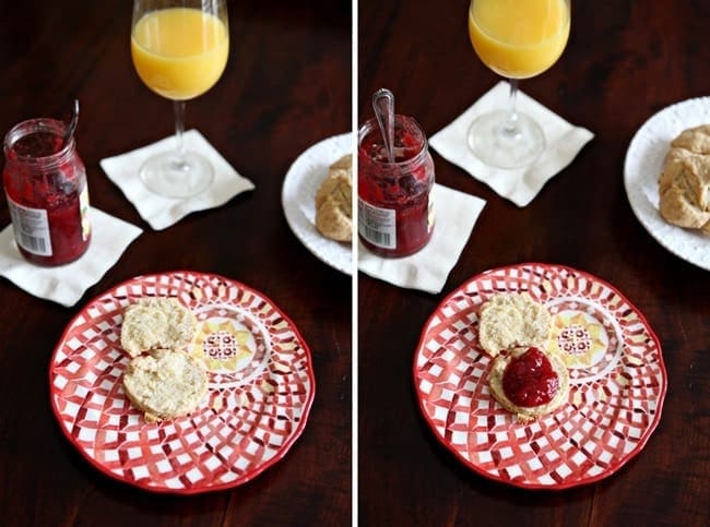 Collage of two images showing a red patterned plate holding an open biscuit and a biscuit with a dollop of raspberry jam on a dark wooden tabletop