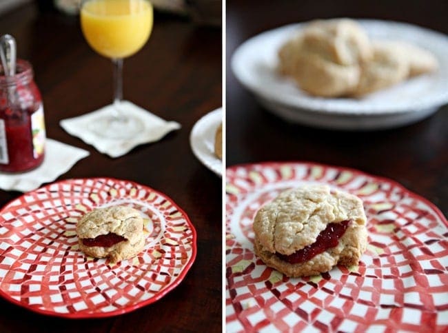 Collage of two images showing a biscuit with jam on a patterned red plate and a close up of the biscuit on the plate