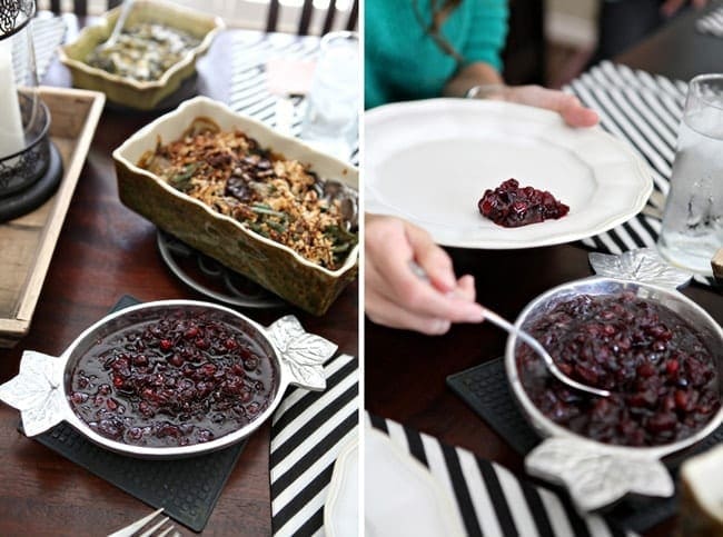 A collage of two images showing a silver bowl holding the sauce and a person using a spoon to scoop it onto a plate