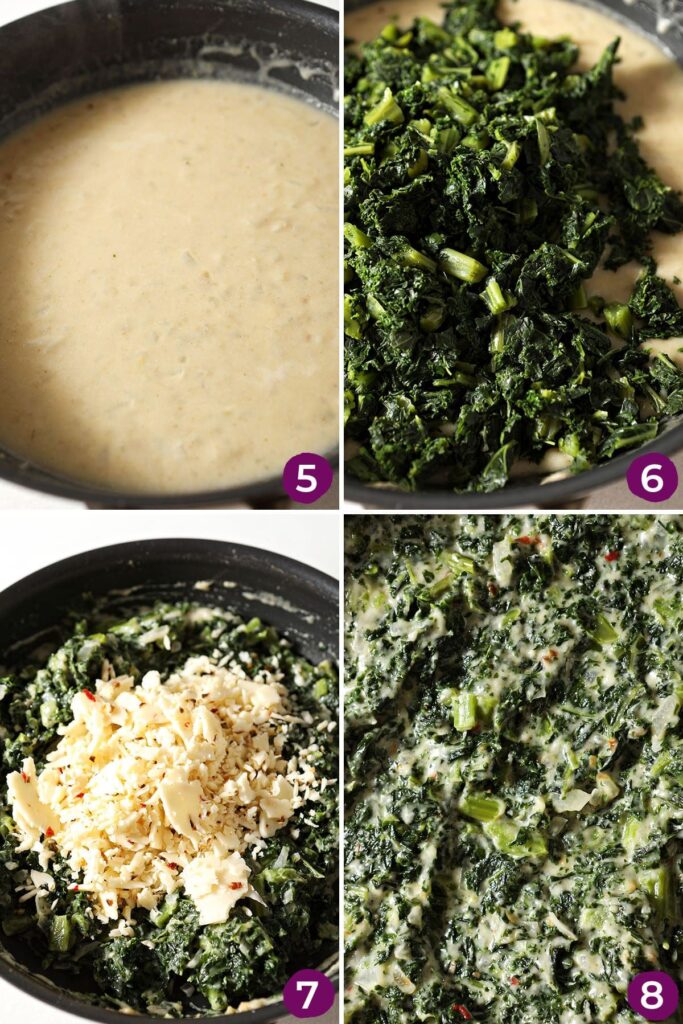 Collage showing how to put together the kale Madeline before baking