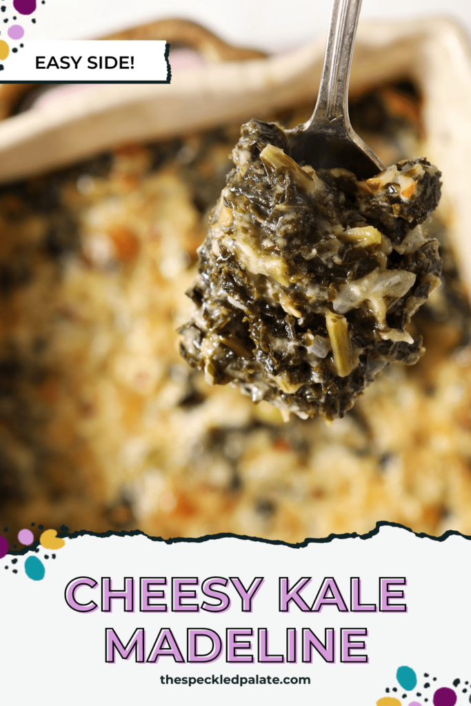 A spoon holds a serving of creamed kale over a baking dish with the text Cheesy Kale Madeline