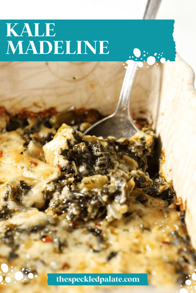 A spoon scoops into a dish of creamy kale with the text Kale Madeline