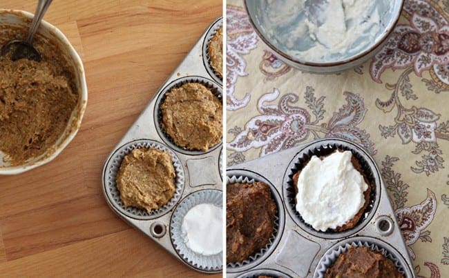 Overhead view of sweet potato and apple pupcakes in cupcake pan 