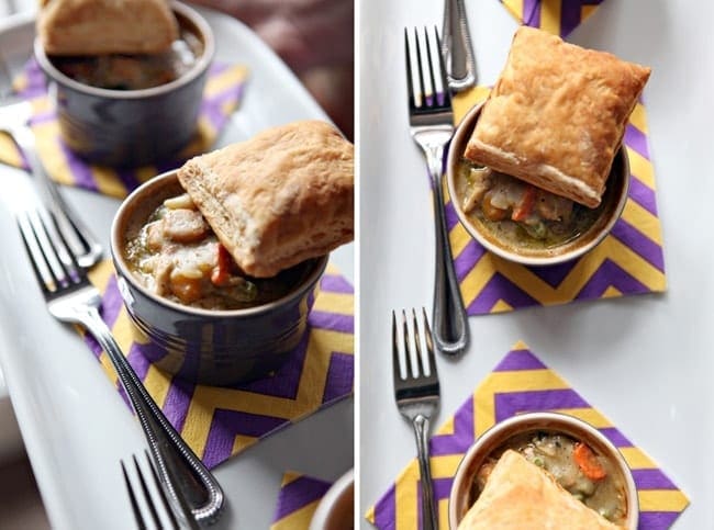 Collage of two images showing mini pot pies with puff pastry squares on top of them from the site and from above