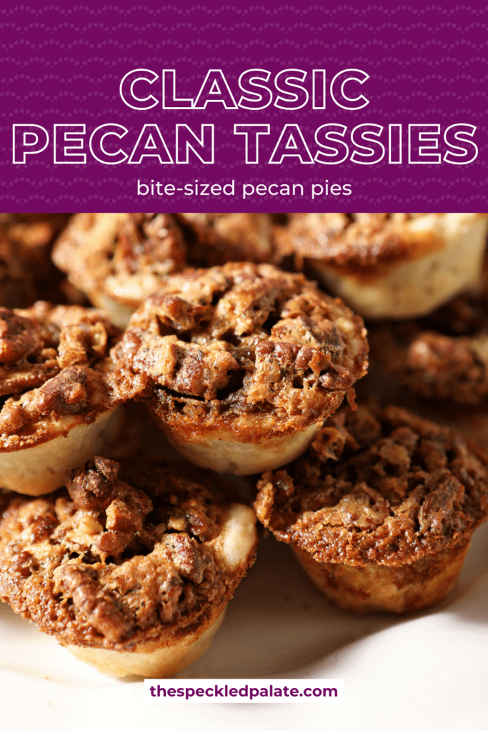 a stack of pecan tassie cookies on a white platter with the text classic pecan tassies bite-sized pecan pies