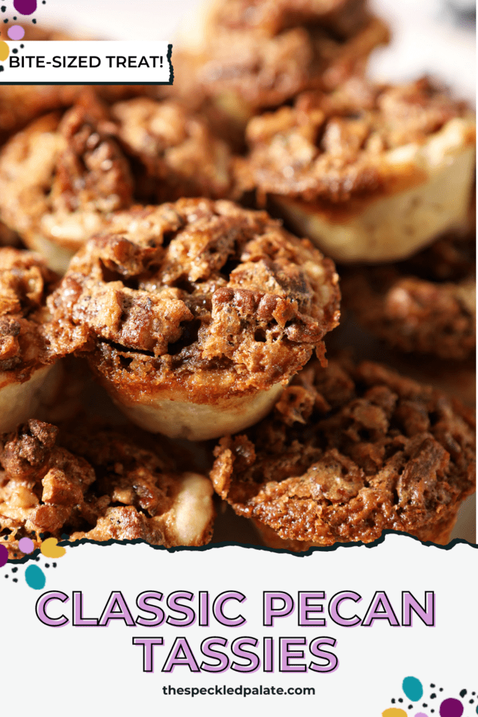 a stack of pecan tassie cookies on a white platter with the text classic pecan tassies