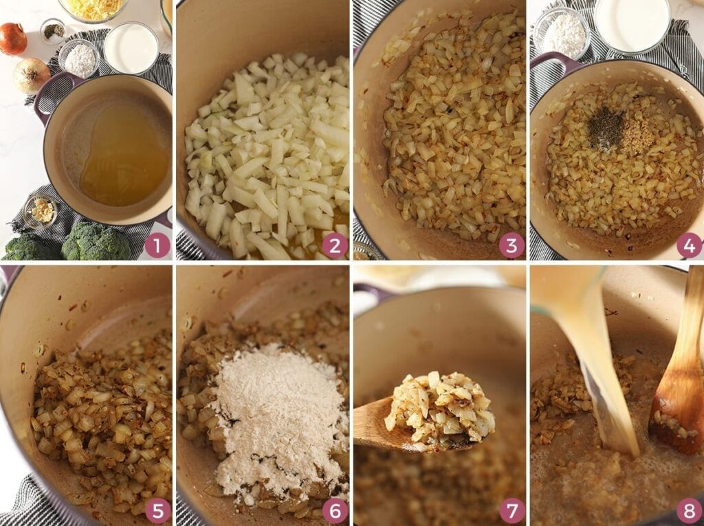 A collage of eight images showing how vegetables are sauted and spices are added before the vegetable stock