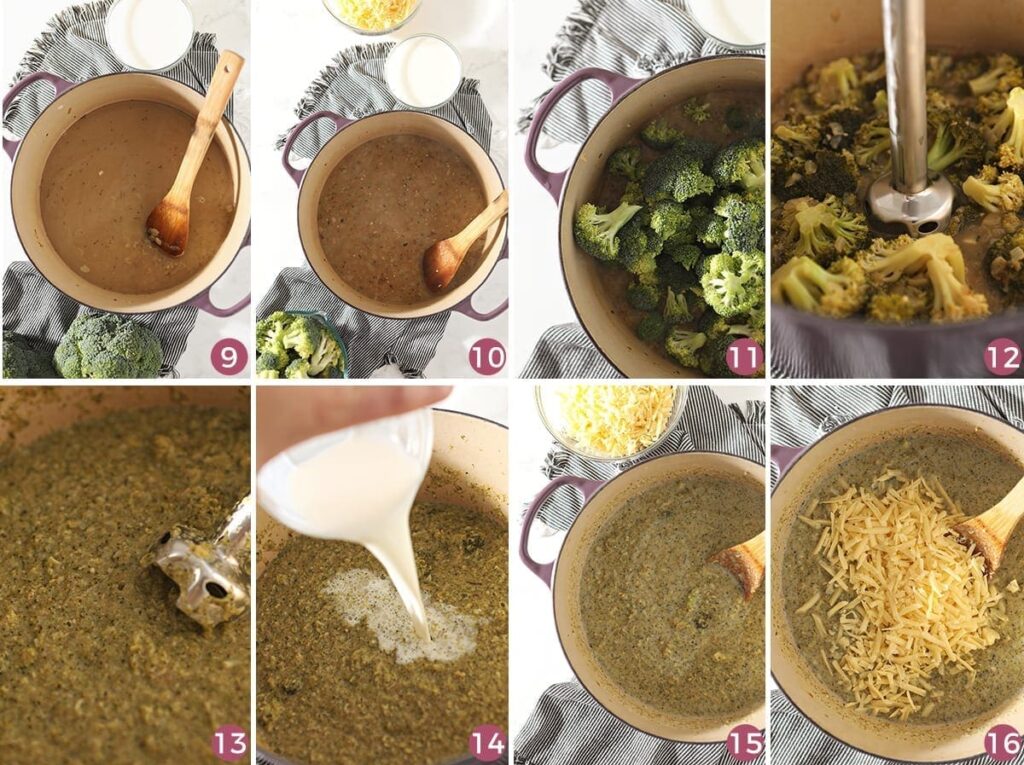 A collage of eight images showing how the Easy Broccoli Cheddar Soup is blended together and made creamy