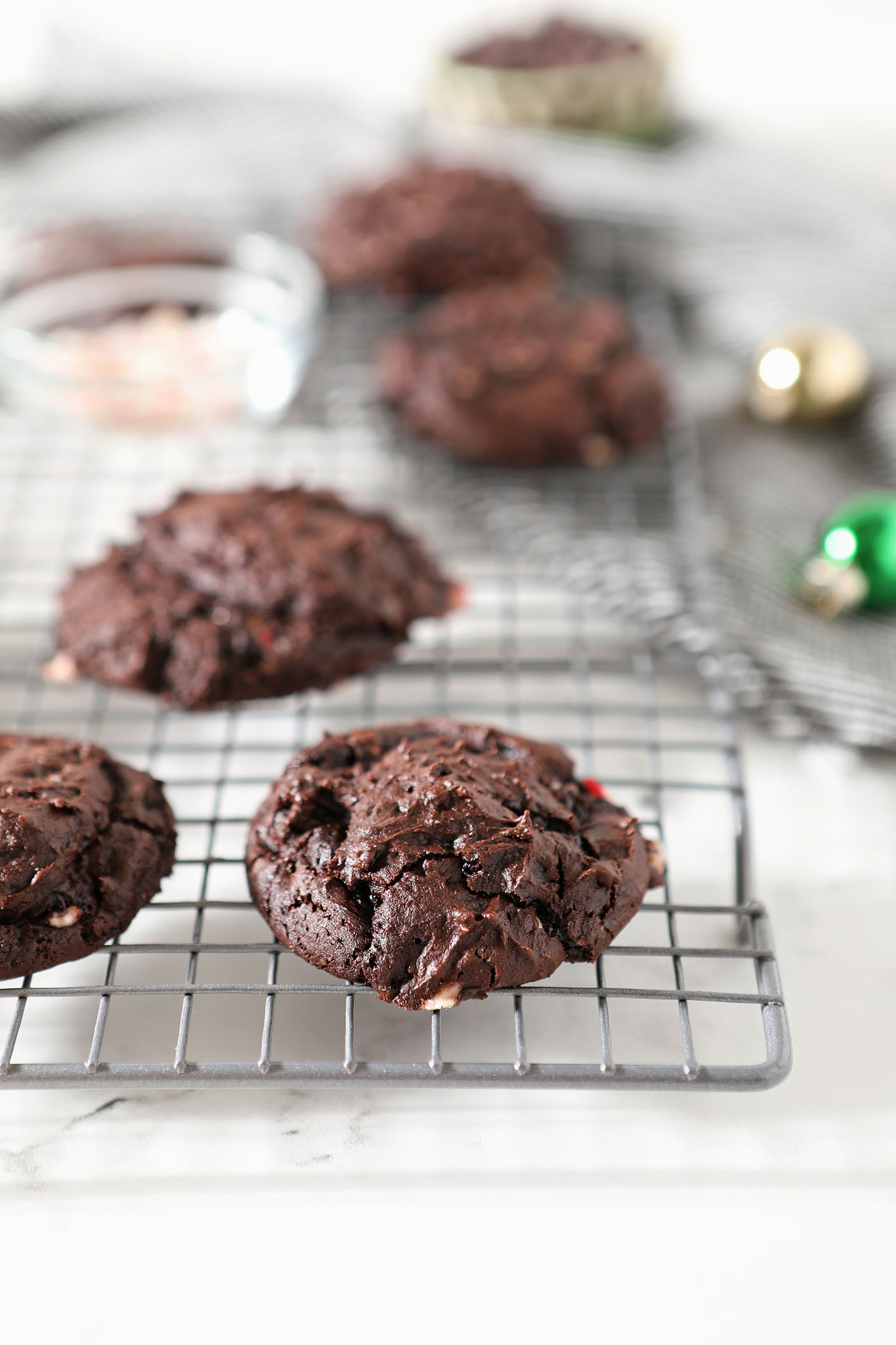 Cooling Chocolate Cookies with Peppermint on a wire cooling rack