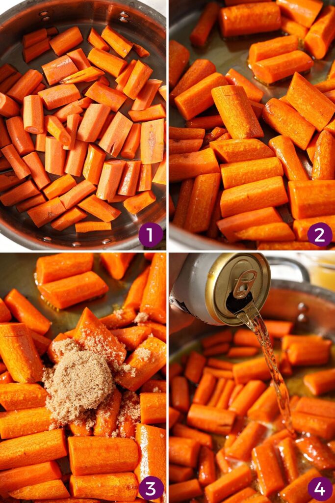 Collage showing how to make glazed carrots in a skillet