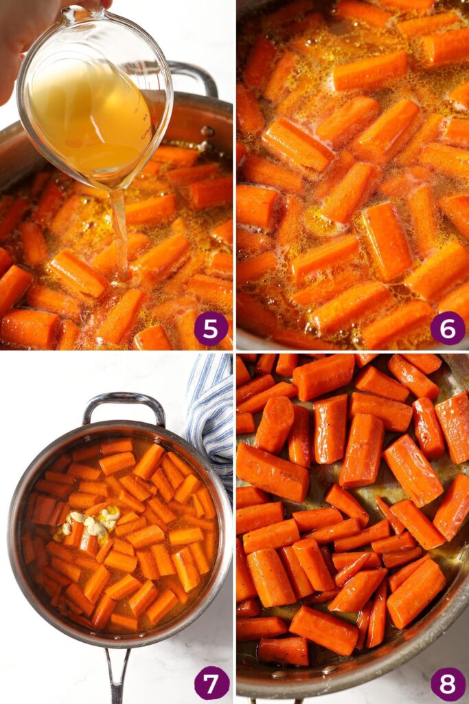 Collage showing how to finish glazed carrots in a skillet