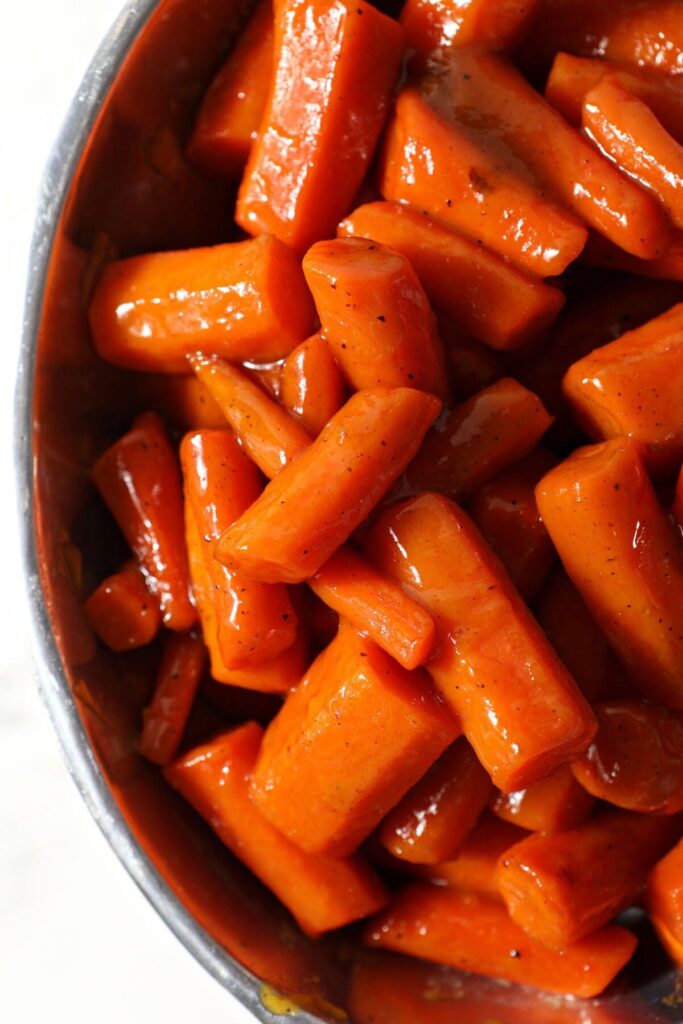 Brown Sugar Glazed Carrots in a silver bowl