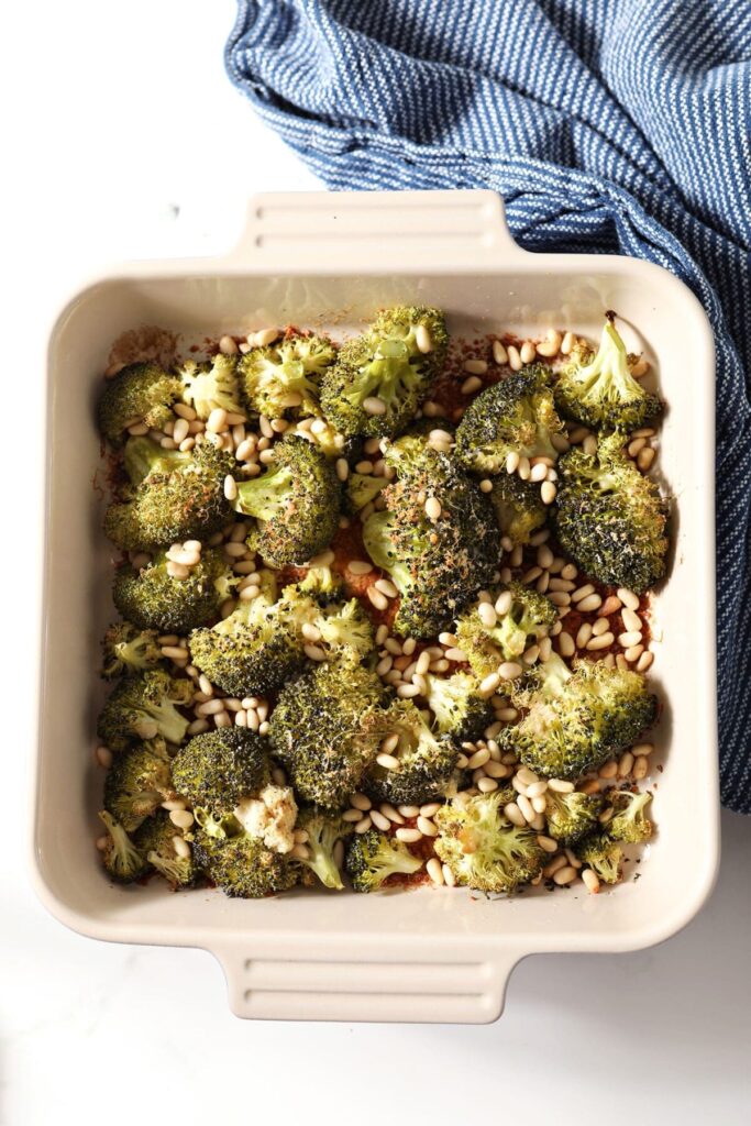 Roasted Parmesan Broccoli in a baking dish after baking